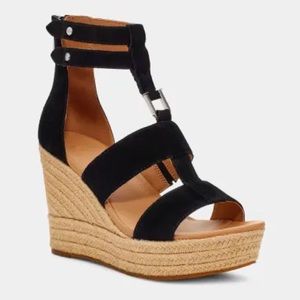 Ugg Kolfax Black Suede Leather Espadrilles Wedge Sandals